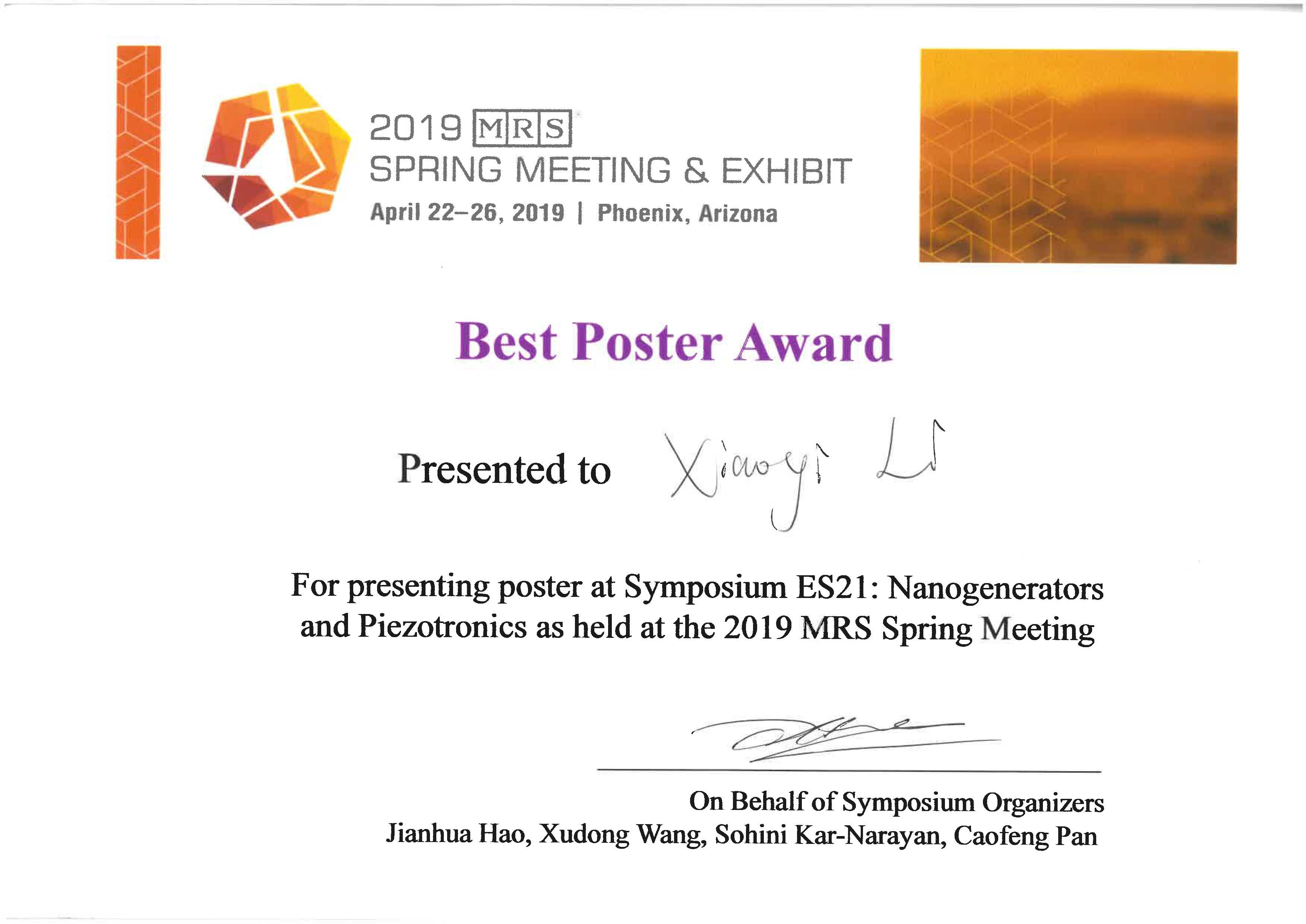 Best Poster Award at the Symposium ES21: Nanogenerators and Piezotronics
